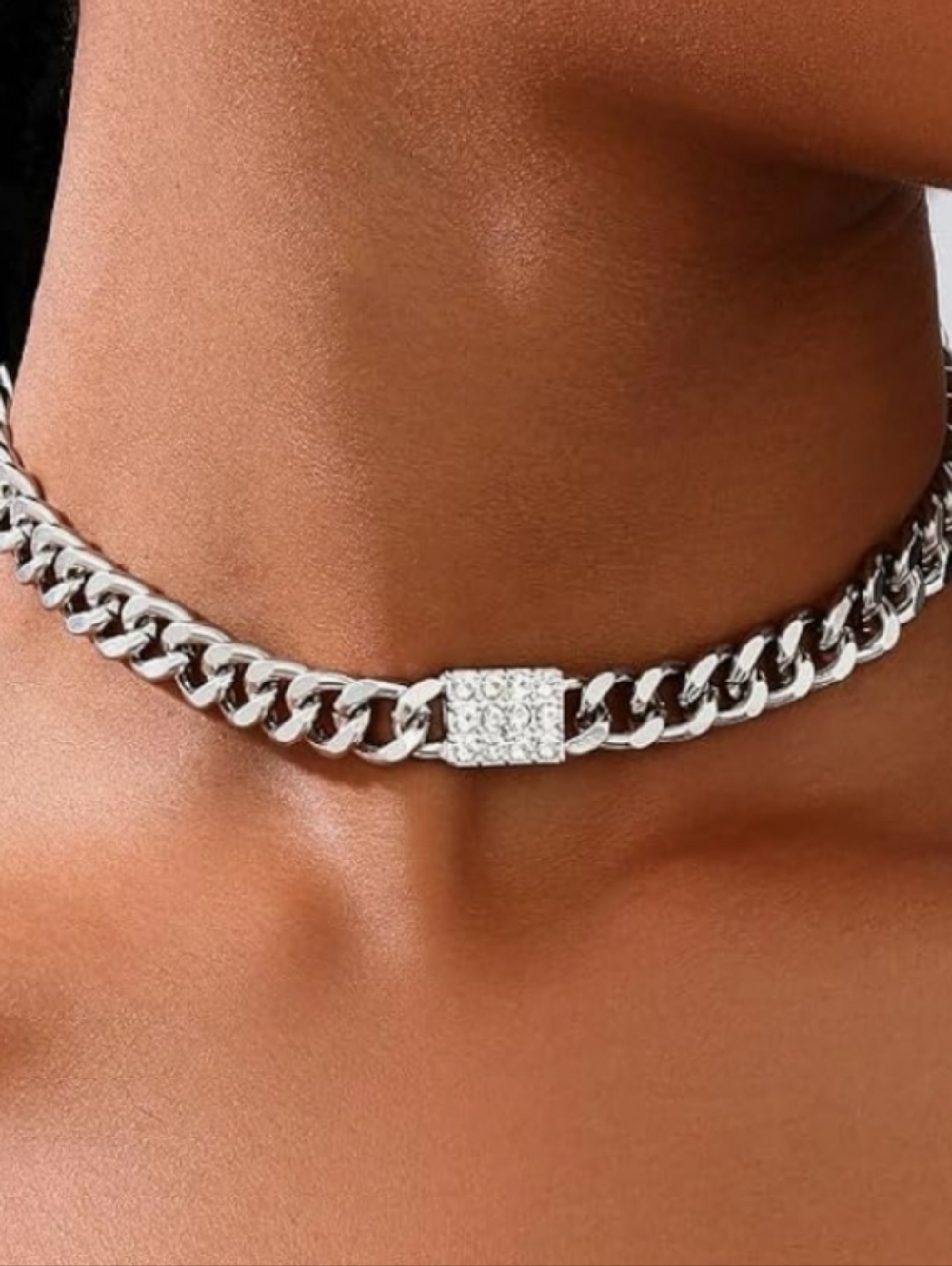 Macy's Silver Crystal Accent Cuban Link Choker - Picture 4 of 4